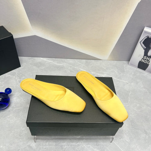 Saint Laurent SL SQUARE TOE FLAT MULES LEMON SATIN