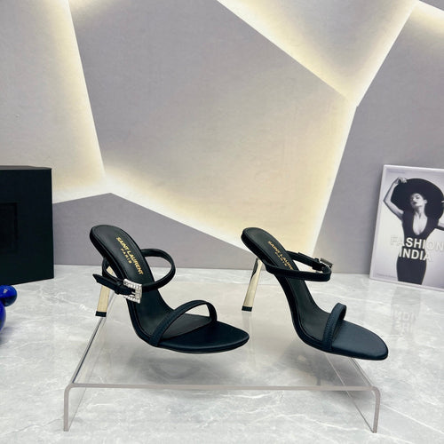 Saint Laurent SL CRYSTAL BUCKLE HIGH HEELS BLACK SATIN