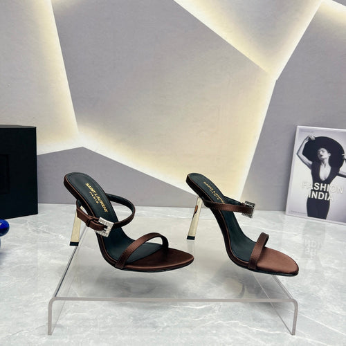 Saint Laurent SL CRYSTAL BUCKLE HIGH HEELS BROWN SATIN