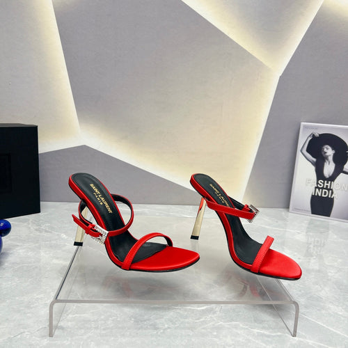 Saint Laurent SL CRYSTAL BUCKLE HIGH HEELS RED SATIN
