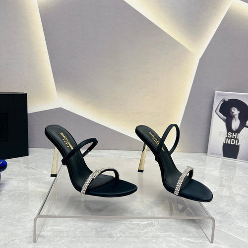 Saint Laurent SL CRYSTAL THIN BELT HIGH HEELS BLACK SATIN