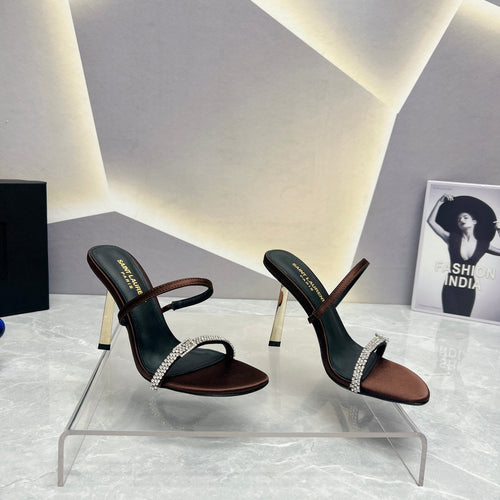 Saint Laurent SL CRYSTAL THIN BELT HIGH HEELS BROWN SATIN