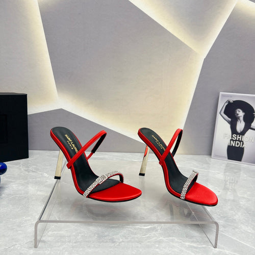 Saint Laurent SL CRYSTAL THIN BELT HIGH HEELS RED SATIN