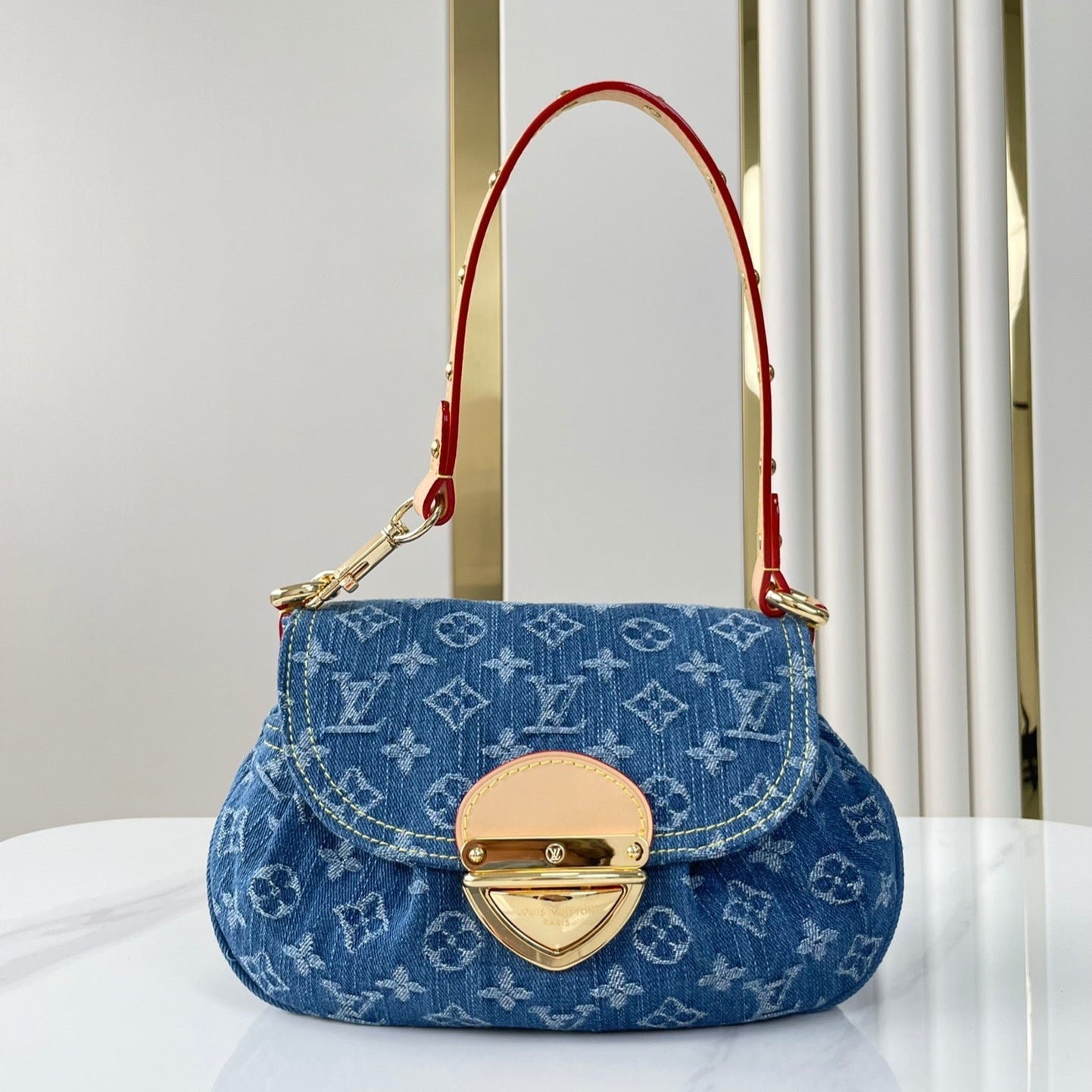 Louis Vuitton SUNSET 27 IN BLUE MONOGRAM DENIM GOLD BUCKLE