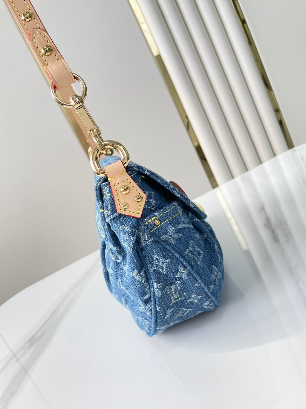Louis Vuitton SUNSET 27 IN BLUE MONOGRAM DENIM GOLD BUCKLE