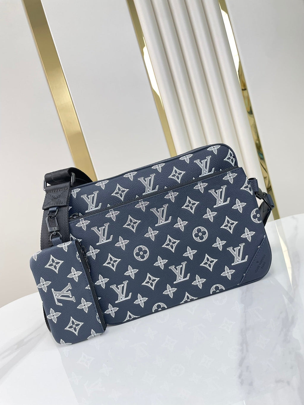 Louis Vuitton TRIO MESSENGER 25 IN PRUSSIAN BLUE MONOGRAM SHADOW CALFSKIN