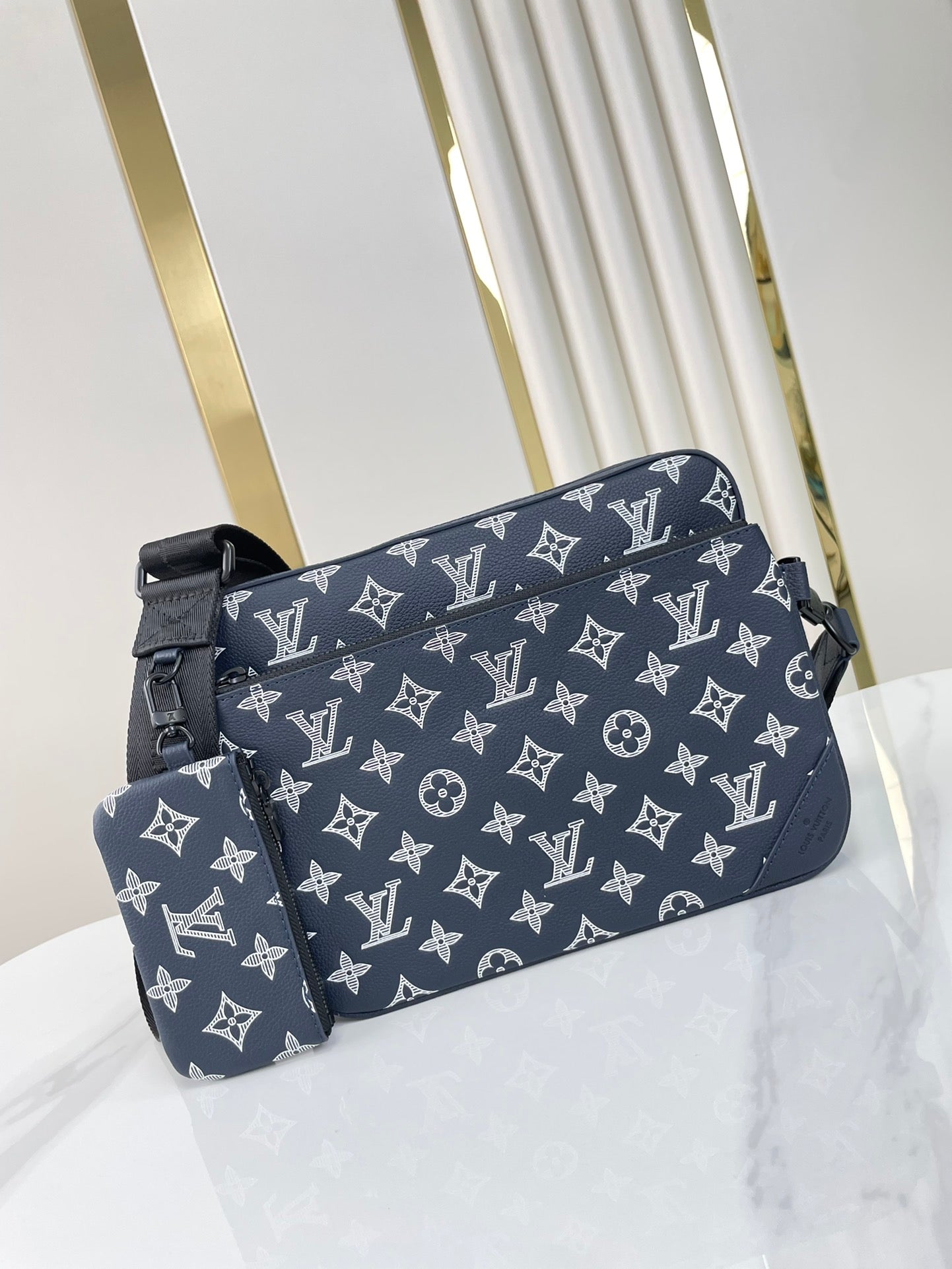 Louis Vuitton TRIO MESSENGER 25 IN PRUSSIAN BLUE MONOGRAM SHADOW CALFSKIN