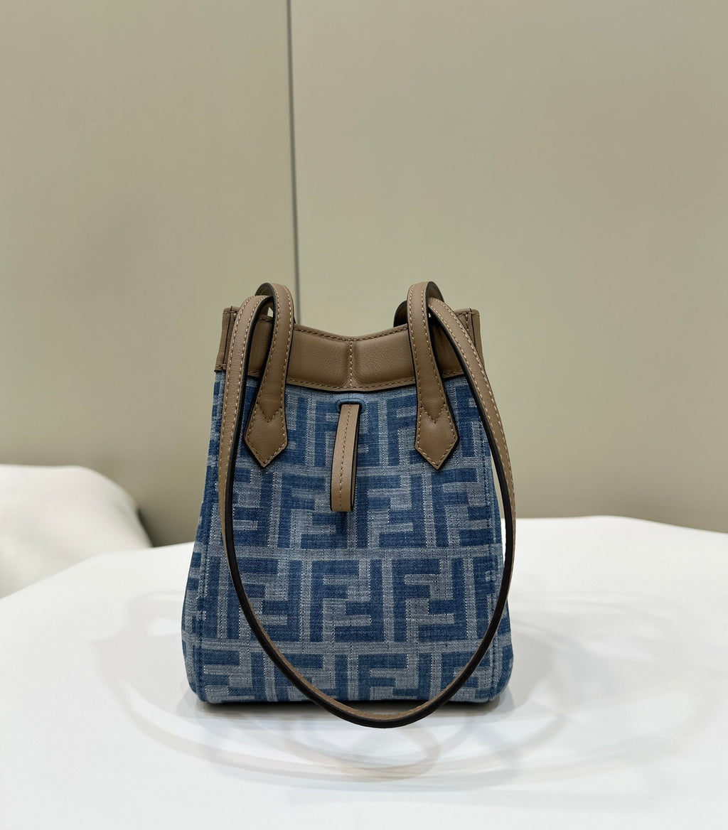 FENDI FENDI ORIGAMI MINI 19 IN TRUE BLUE MONOGRAM DENIM WITH CALFSKIN STRAP