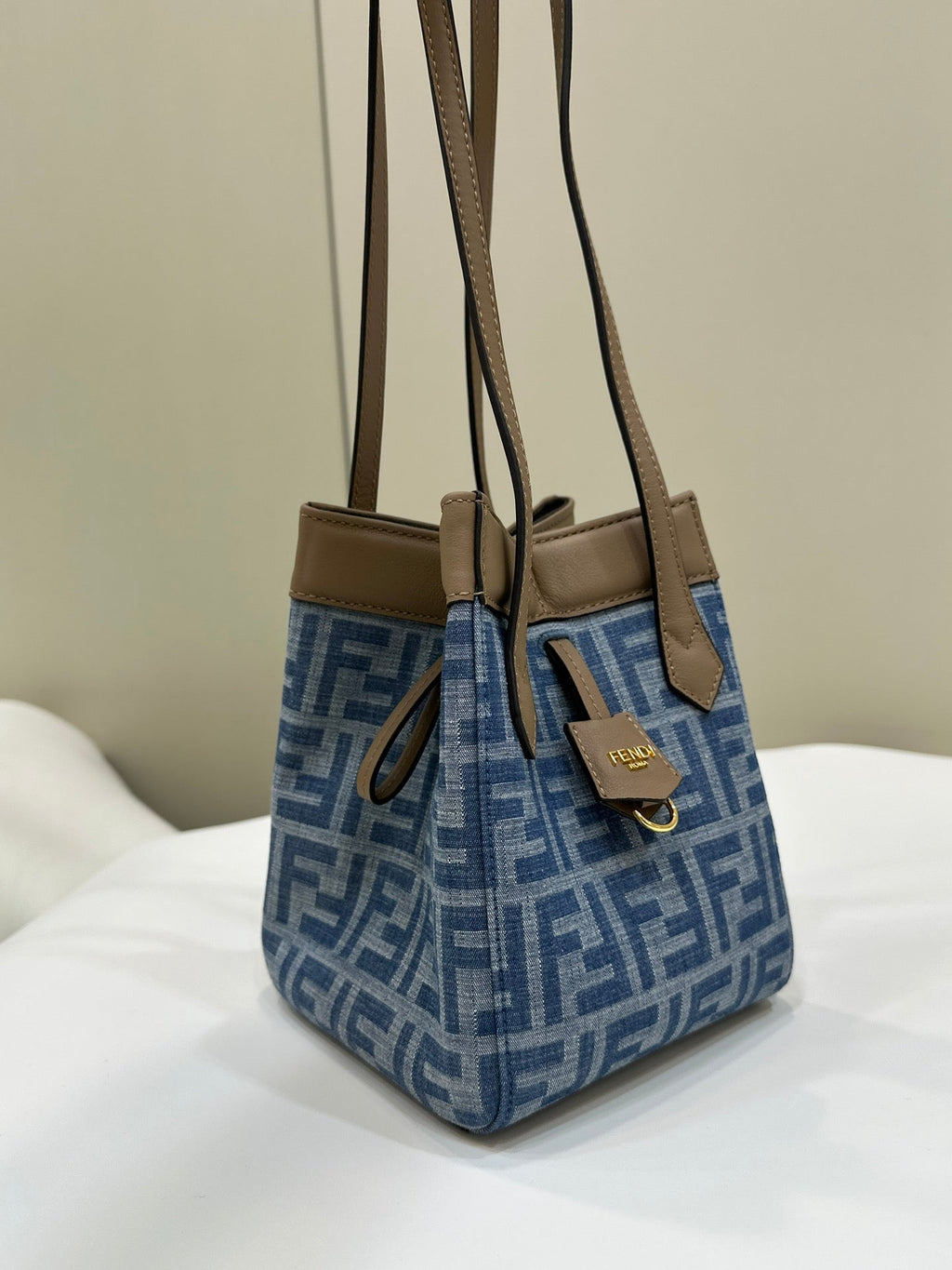 FENDI FENDI ORIGAMI MINI 19 IN TRUE BLUE MONOGRAM DENIM WITH CALFSKIN STRAP