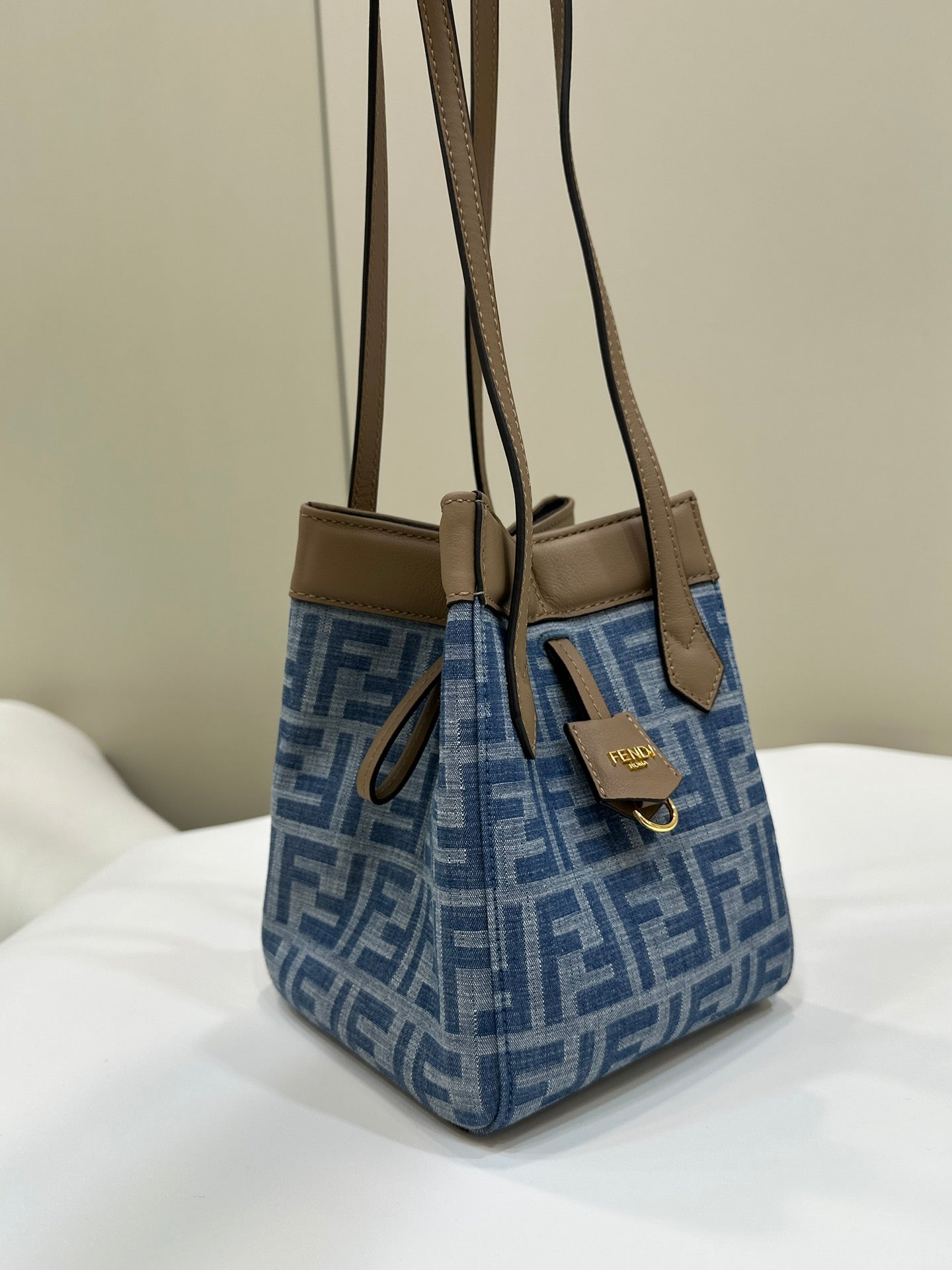 FENDI FENDI ORIGAMI MINI 19 IN TRUE BLUE MONOGRAM DENIM WITH CALFSKIN STRAP