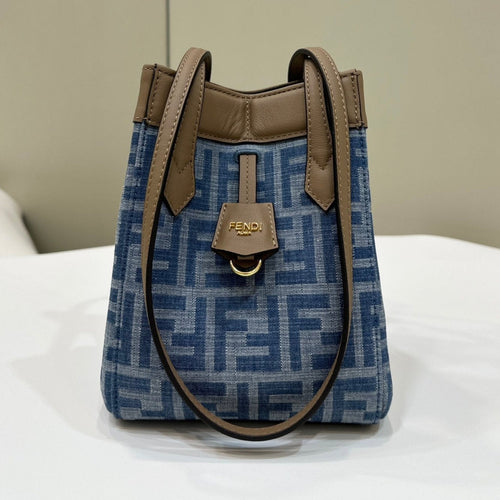 FENDI FENDI ORIGAMI MINI 19 IN TRUE BLUE MONOGRAM DENIM WITH CALFSKIN STRAP