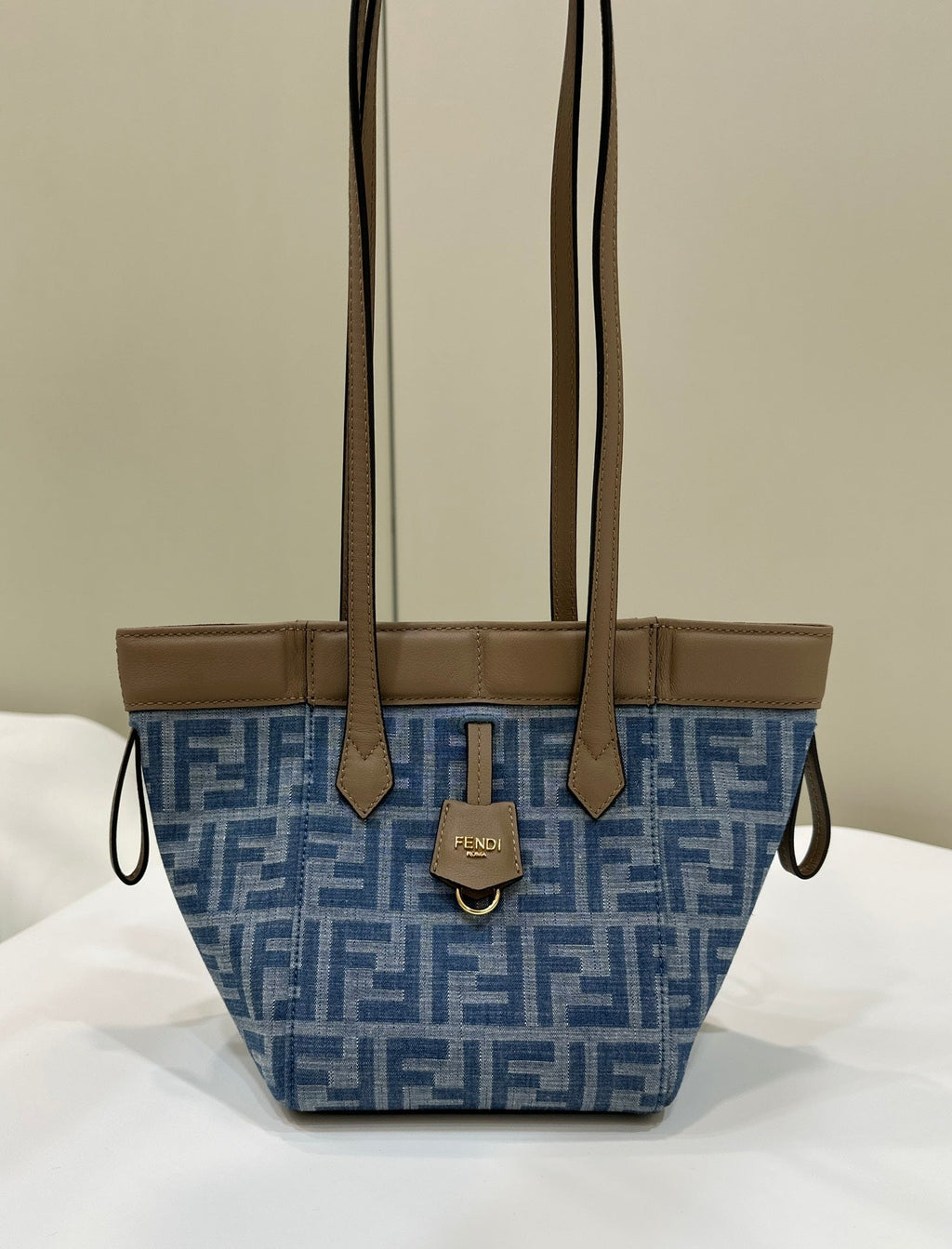 FENDI FENDI ORIGAMI MINI 19 IN TRUE BLUE MONOGRAM DENIM WITH CALFSKIN STRAP