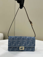 FENDI BAGUETTE MINI 21 BAG IN CERULEAN BLUE MONOGRAM DENIM WITH GOLD HARDWARE