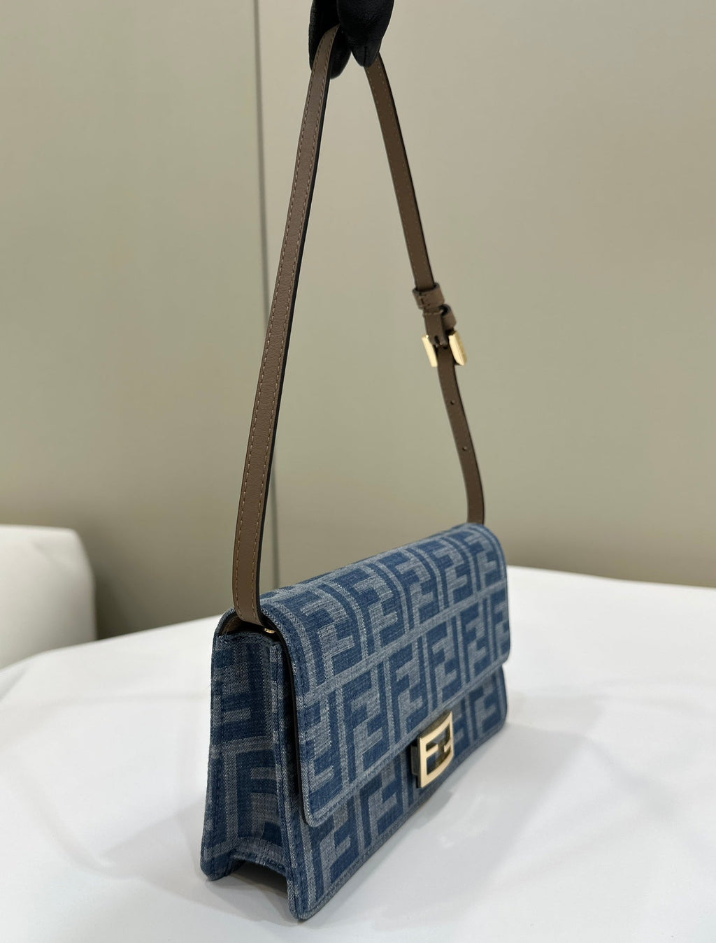 FENDI BAGUETTE MINI 21 BAG IN CERULEAN BLUE MONOGRAM DENIM WITH GOLD HARDWARE