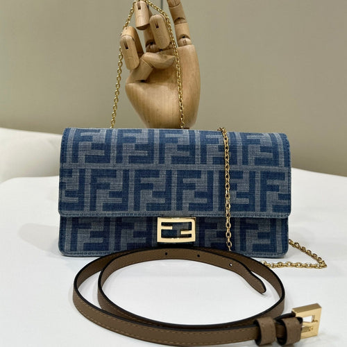 FENDI BAGUETTE MINI 21 BAG IN CERULEAN BLUE MONOGRAM DENIM WITH GOLD HARDWARE