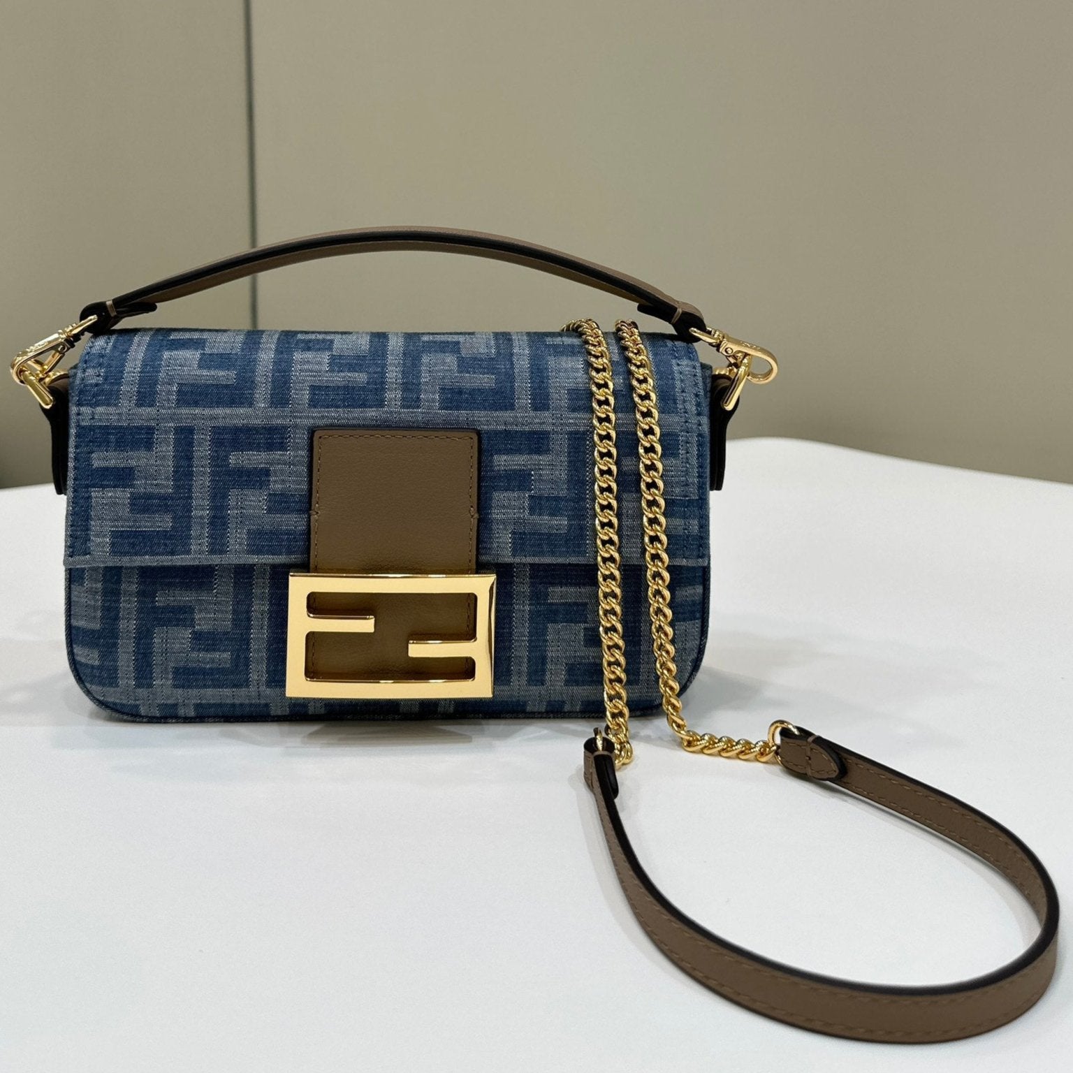 FENDI BAGUETTE MINI 19 BAG IN CERULEAN BLUE MONOGRAM DENIM WITH GOLD HARDWARE