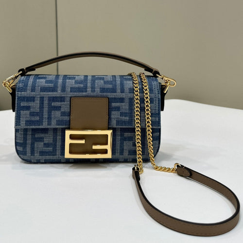 FENDI BAGUETTE MINI 19 BAG IN CERULEAN BLUE MONOGRAM DENIM WITH GOLD HARDWARE
