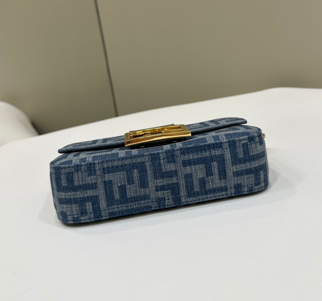 FENDI BAGUETTE MINI 19 BAG IN CERULEAN BLUE MONOGRAM DENIM WITH GOLD HARDWARE