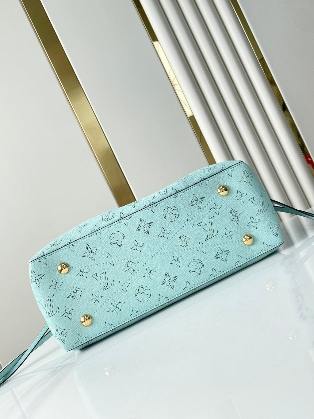 Louis Vuitton BELLA TOTE 32 IN SKY BLUE MONOGRAM PERFORATED CALFSKIN GOLD HARDWARE