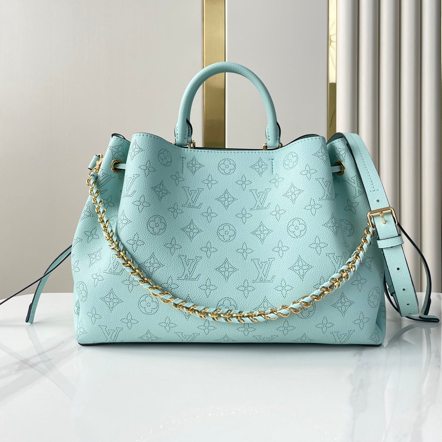Louis Vuitton BELLA TOTE 32 IN SKY BLUE MONOGRAM PERFORATED CALFSKIN GOLD HARDWARE