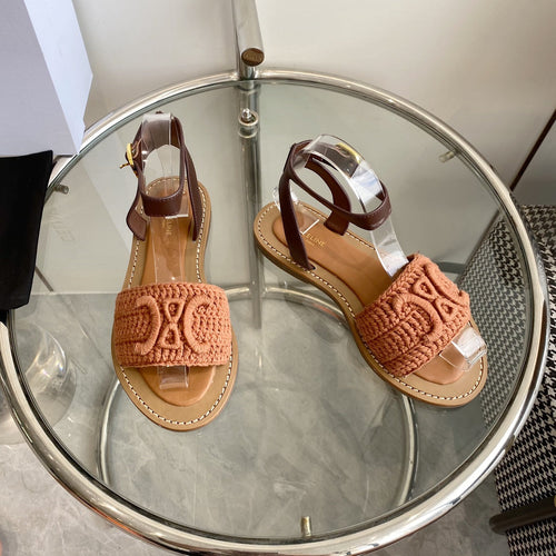 Celine LYMPIA SANDAL IN BRONZE BROWN TRIOMPHE MACCRAMÉ COTTON AND TAN CALFSKIN