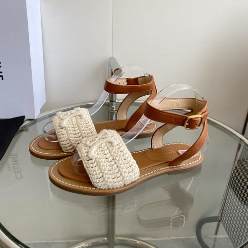 Celine LYMPIA SANDAL IN WHITE TRIOMPHE MACCRAMÉ COTTON AND TAN CALFSKIN