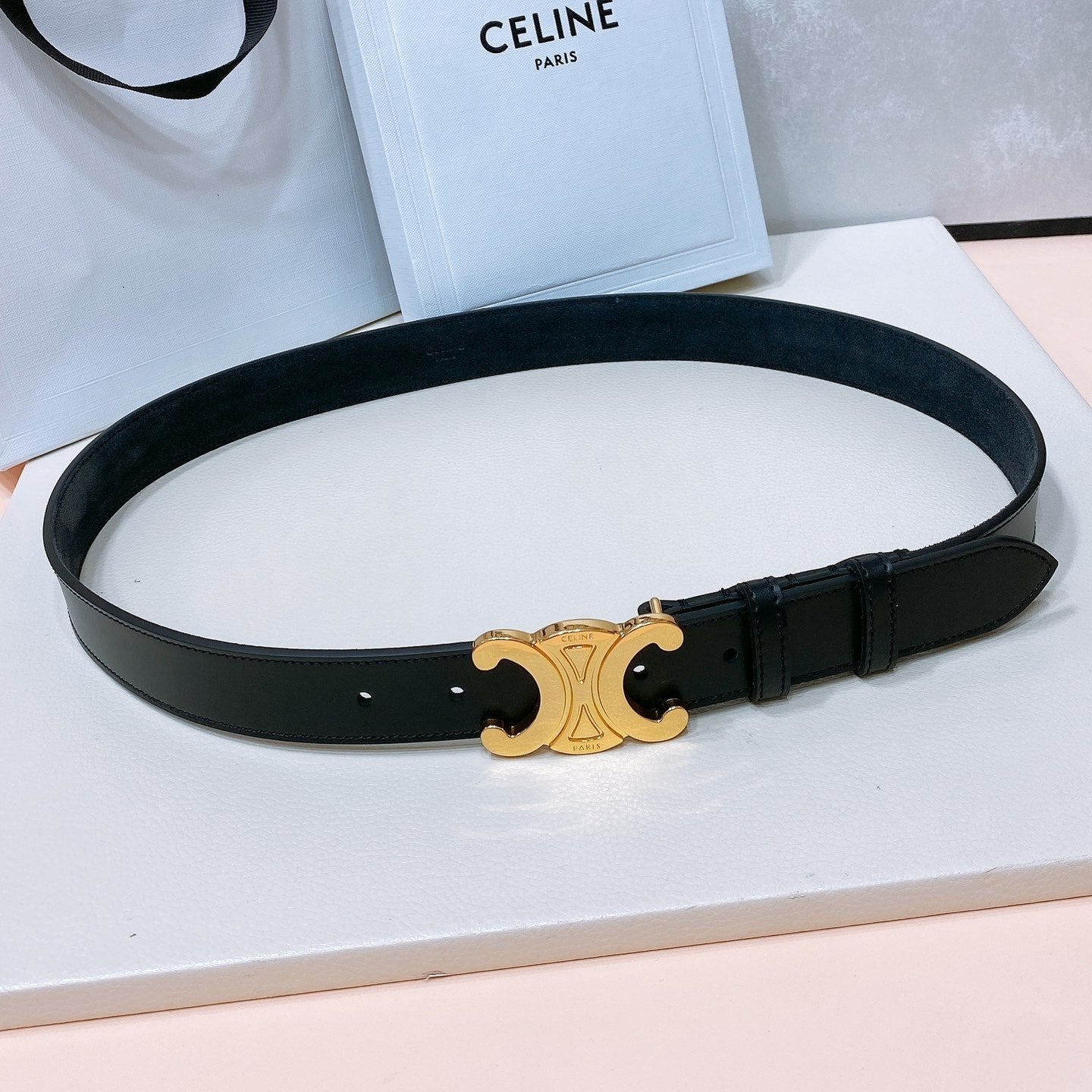 Celine CL LARGE 30 MM TRIOMPHE BELT IN BLACK AND GOLD HARDWARE