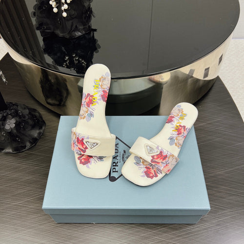 PRADA PRINTED SLIDES SLIPPERS WHITE SATIN