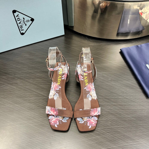 PRADA TRIANGLE HEEL FLOWER MOTIF SATIN SANDALS CINNAMON