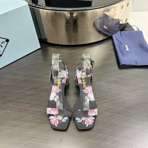 PRADA TRIANGLE HEEL FLOWER MOTIF SATIN SANDALS BLACK