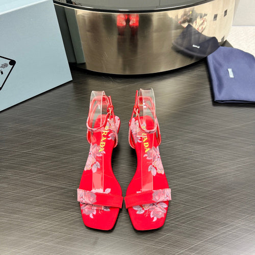 PRADA TRIANGLE HEEL FLOWER MOTIF SATIN SANDALS RED