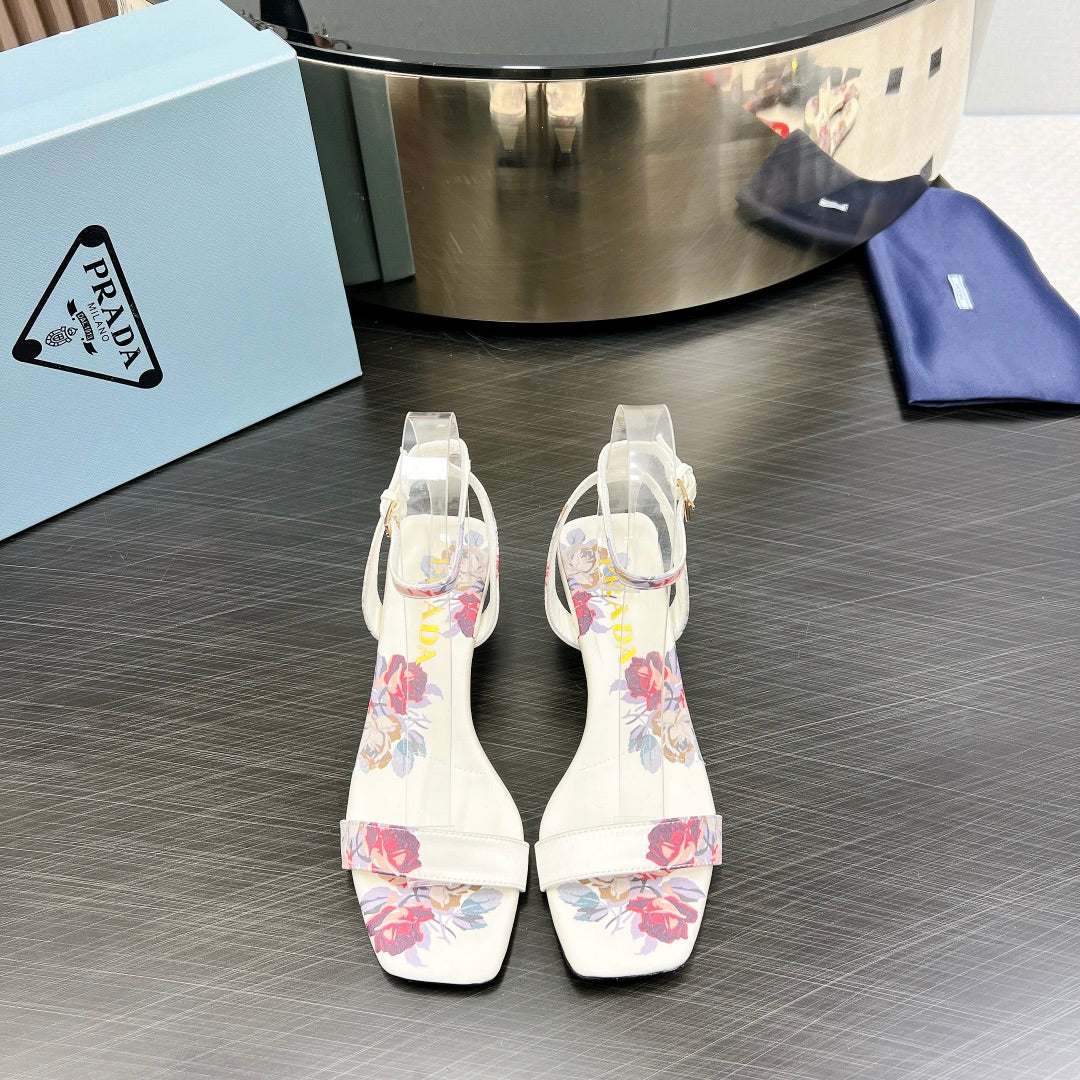 PRADA TRIANGLE HEEL FLOWER MOTIF SATIN SANDALS WHITE