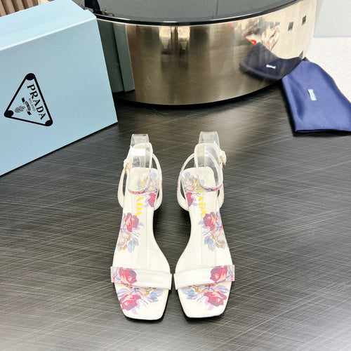 PRADA TRIANGLE HEEL FLOWER MOTIF SATIN SANDALS WHITE