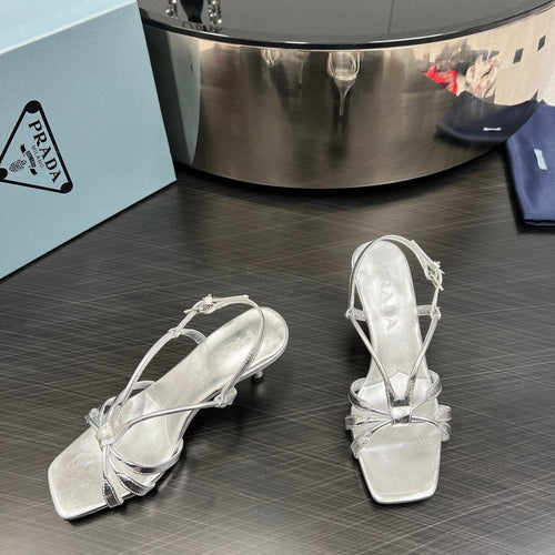 PRADA HEELED SANDALS METALLIC SILVER LAMBSKIN