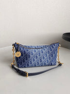 DIOR  DIORSTAR 28 HOBO BAG WITH CHAIN BLUE DENIM OBLIQUE JACQUARD