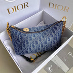 DIOR  DIORSTAR 28 HOBO BAG WITH CHAIN BLUE DENIM OBLIQUE JACQUARD