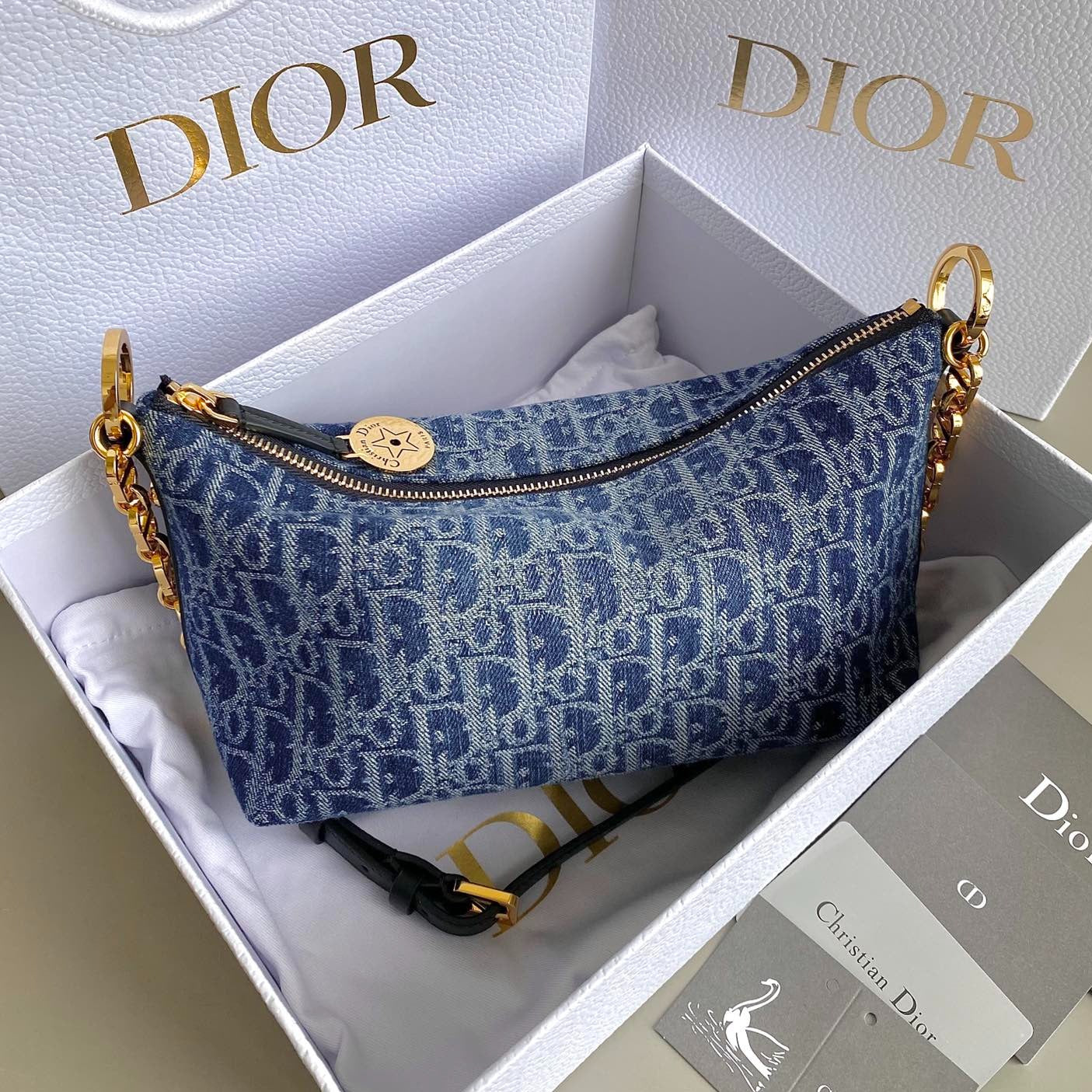 DIOR  DIORSTAR 28 HOBO BAG WITH CHAIN BLUE DENIM OBLIQUE JACQUARD