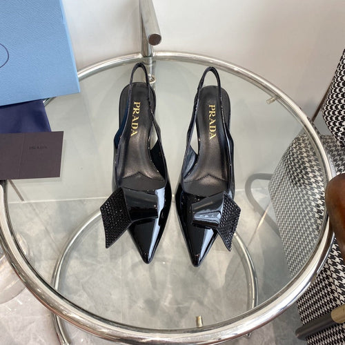 PRADA SLINGBACK PUMPS GLOSSY BLACK ATTACHED BOW LAMBSKIN