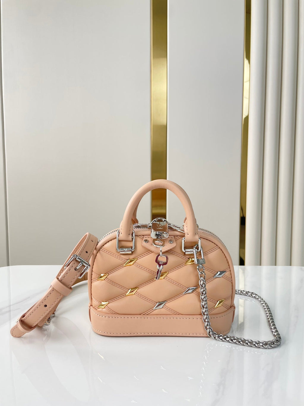 Louis Vuitton NANO ALMA 18 IN TUSCAN BEIGE QUILTED LAMBSKIN GOLD AND SILVER HARDWARE