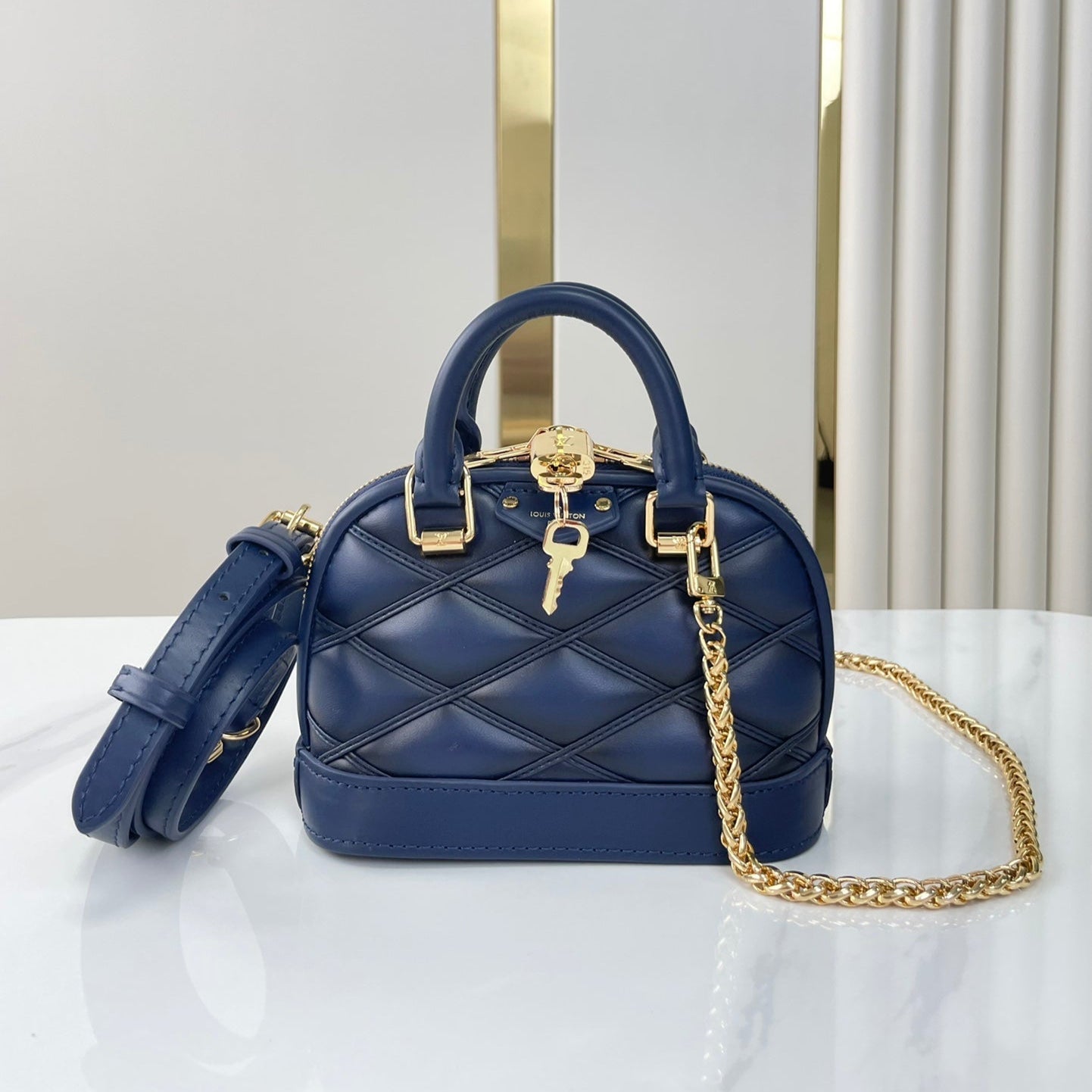 Louis Vuitton NANO ALMA 18 IN NAVY BLUE QUILTED LAMBSKIN GOLD HARDWARE