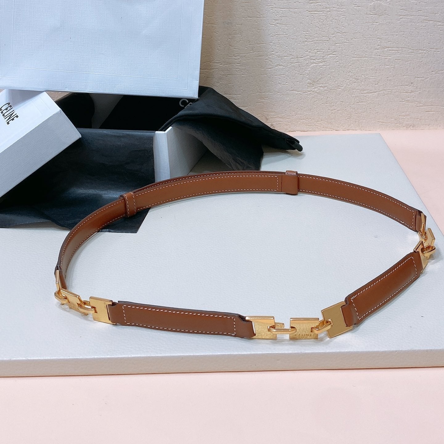 Celine CL SMALL 18 MM SQUARE ADJUSTABLE BELT IN BRONZE BROWN LEATHER GOLD HARDWARE