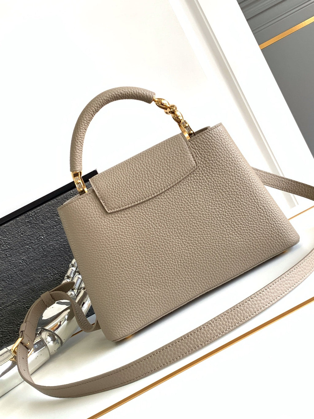 Louis Vuitton CAPUCINES BB 27 IN KHAKI BROWN TAURILLON GOLD HARDWARE