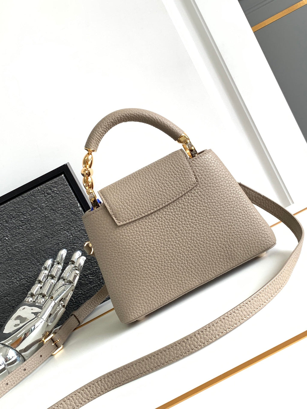 Louis Vuitton CAPUCINES MINI 21 IN KHAKI BROWN TAURILLON GOLD HARDWARE