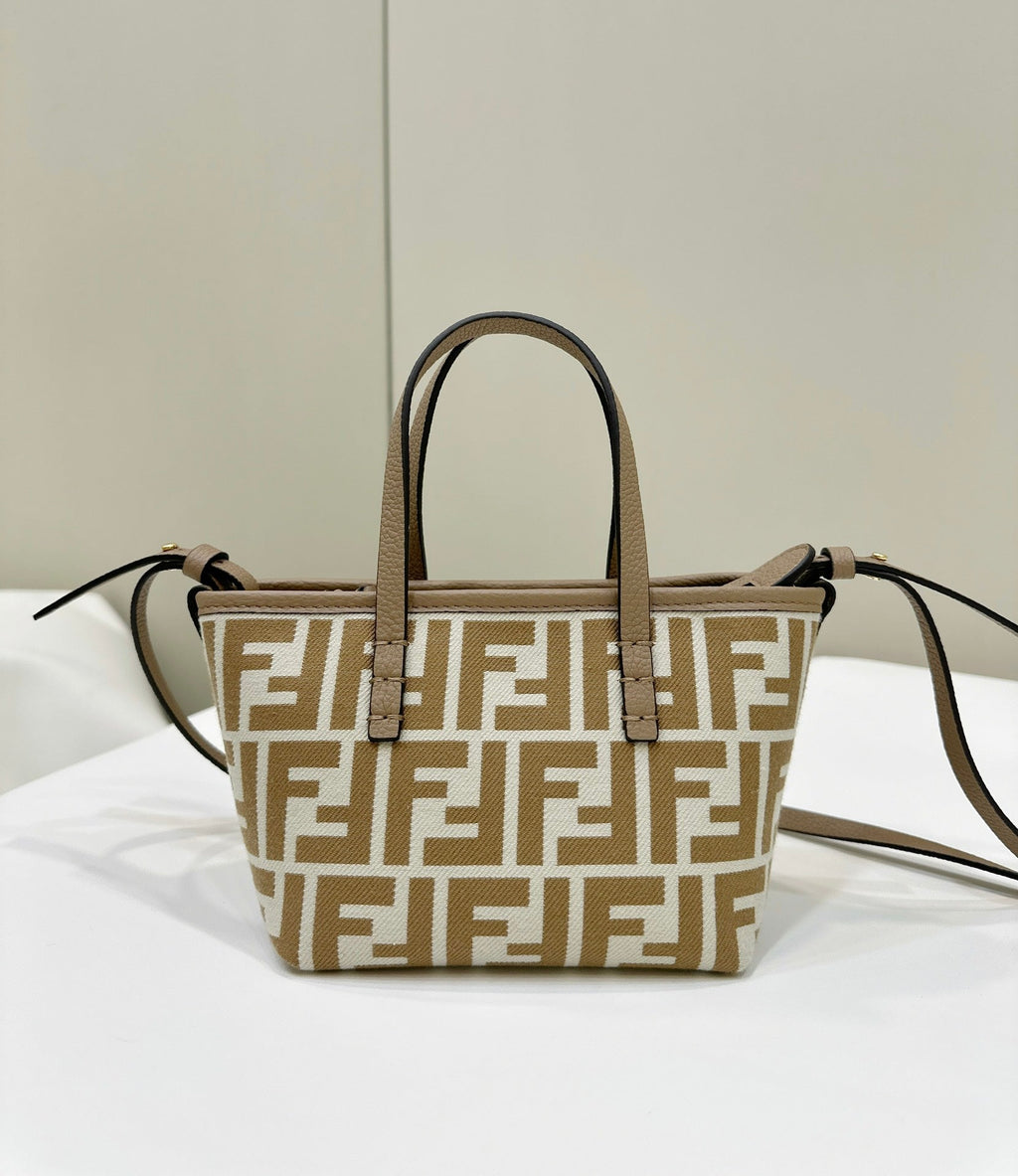 FENDI MINI ROLL BAG 15 PEANUT BROWN MIX WHITE FF JACQUARD FABRIC