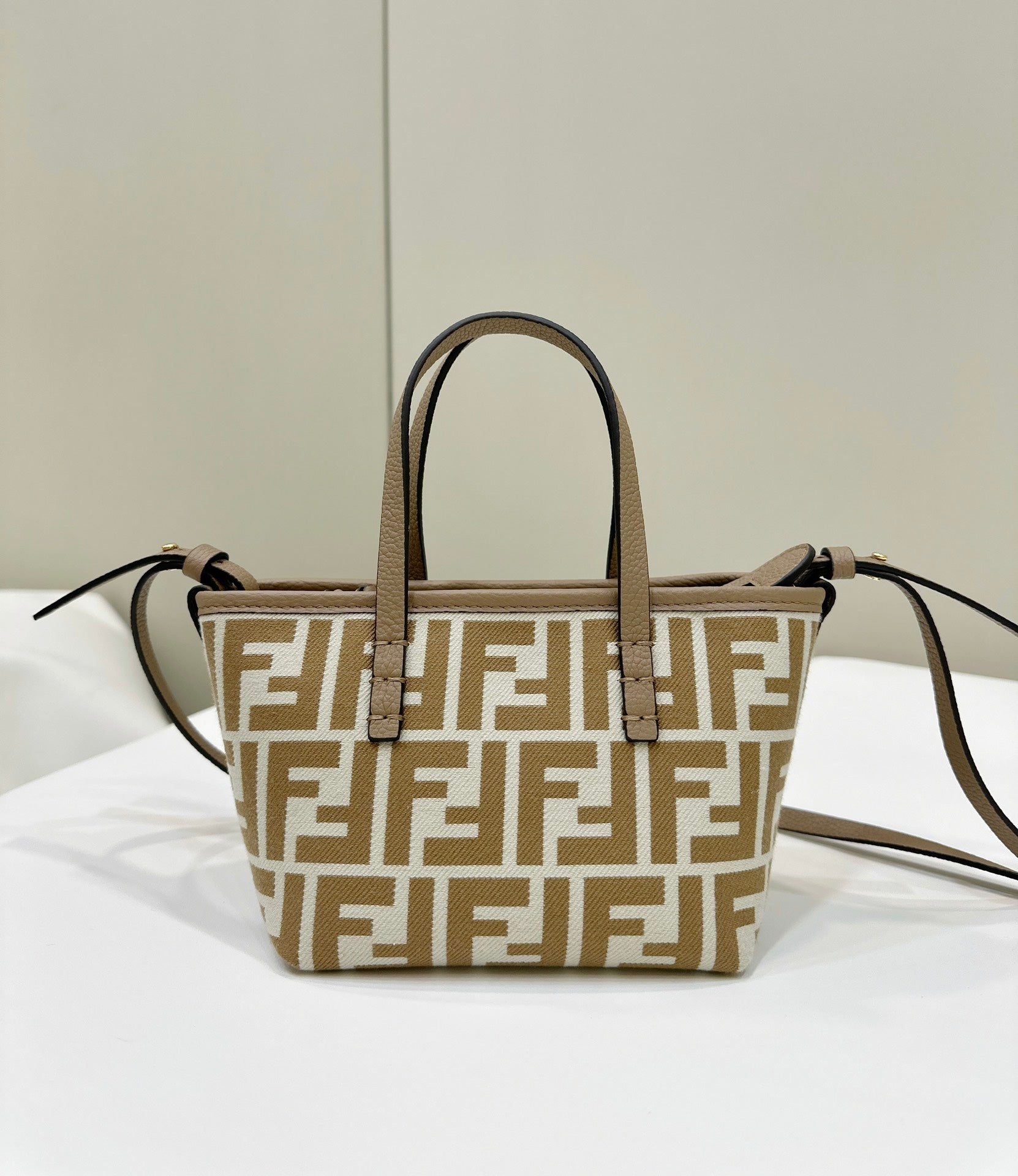 FENDI MINI ROLL BAG 15 PEANUT BROWN MIX WHITE FF JACQUARD FABRIC