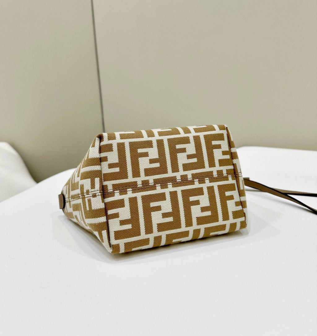 FENDI MINI ROLL BAG 15 PEANUT BROWN MIX WHITE FF JACQUARD FABRIC
