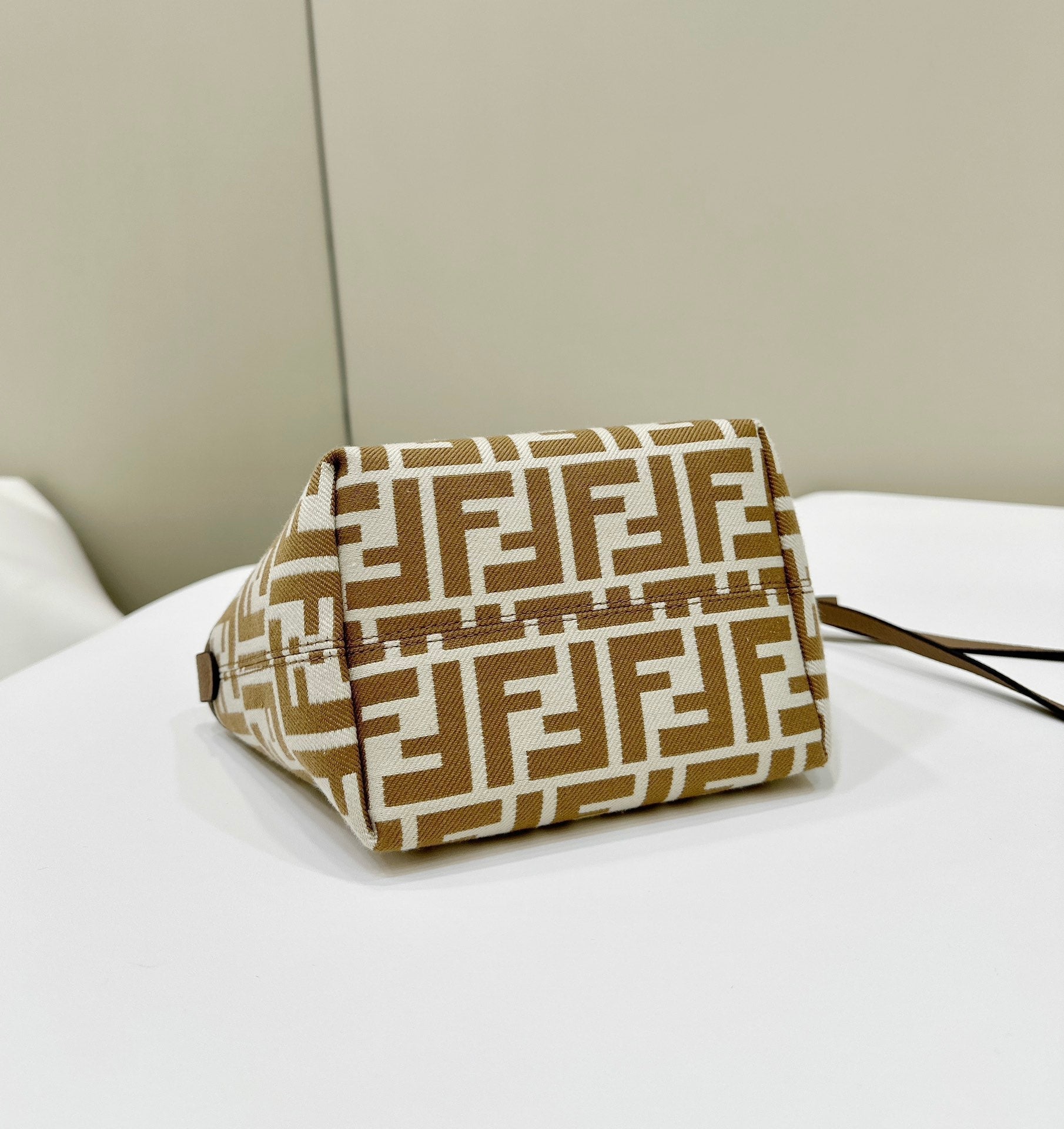 FENDI MINI ROLL BAG 15 PEANUT BROWN MIX WHITE FF JACQUARD FABRIC