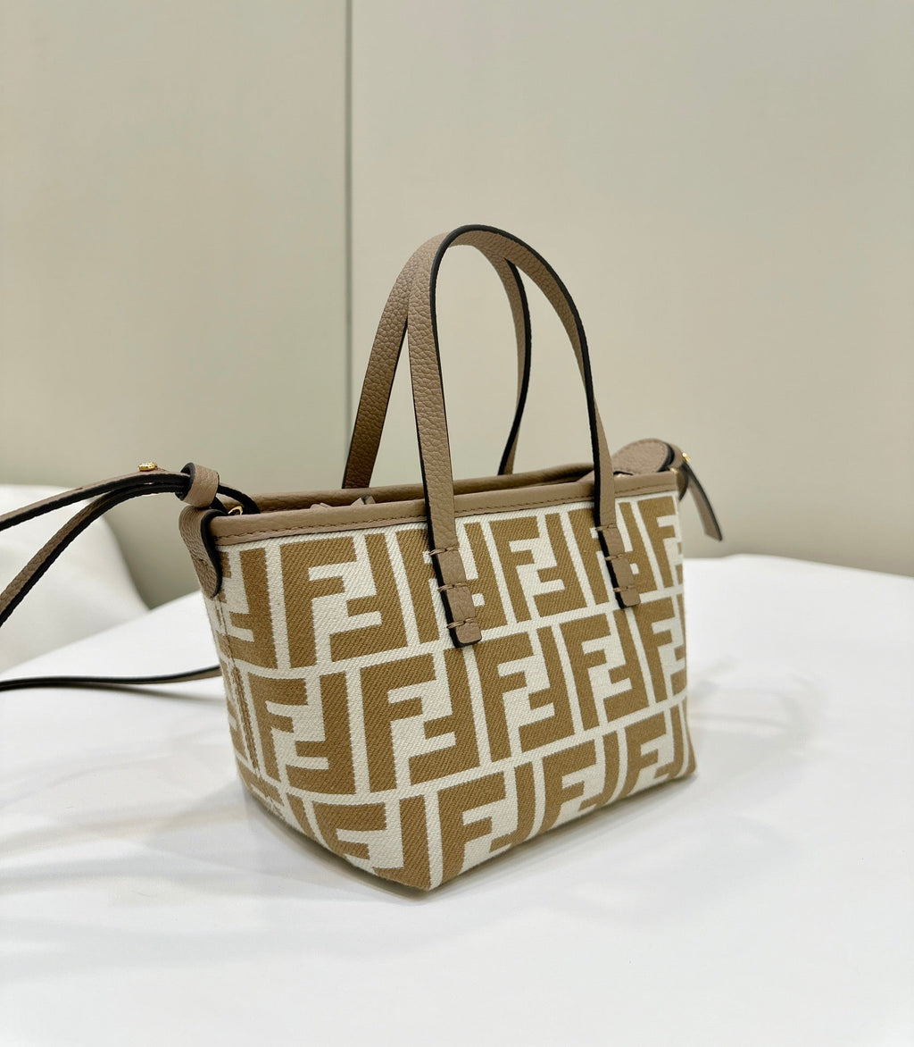 FENDI MINI ROLL BAG 15 PEANUT BROWN MIX WHITE FF JACQUARD FABRIC