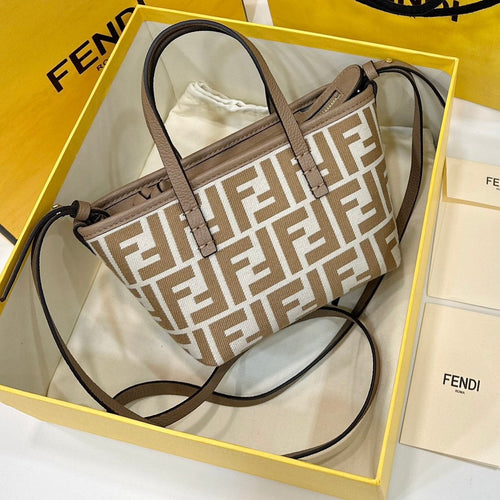 FENDI MINI ROLL BAG 15 PEANUT BROWN MIX WHITE FF JACQUARD FABRIC