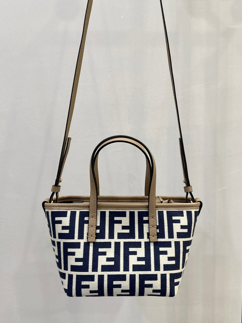 FENDI MINI ROLL BAG 15 MIDNIGHT BLUE MIX WHITE FF JACQUARD FABRIC